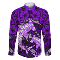 Polynesian Shark Valentine Day Family Matching Off Shoulder Short Dress and Hawaiian Shirt Hibiscus and Tribal Tattoo Purple Style LT03 Dad's Shirt - Long Sleeve Purple - Polynesian Pride