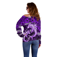 Polynesian Shark Valentine Day Off Shoulder Sweater Hibiscus and Tribal Tattoo Purple Style LT03 - Polynesian Pride
