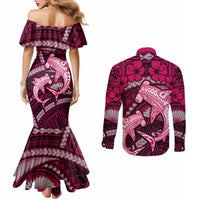Polynesian Shark Valentine Day Couples Matching Mermaid Dress and Long Sleeve Button Shirt Hibiscus and Tribal Tattoo Pink Style LT03 - Polynesian Pride