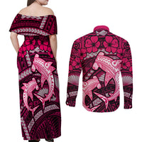Polynesian Shark Valentine Day Couples Matching Off Shoulder Maxi Dress and Long Sleeve Button Shirt Hibiscus and Tribal Tattoo Pink Style LT03 - Polynesian Pride