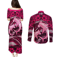 Polynesian Shark Valentine Day Couples Matching Puletasi and Long Sleeve Button Shirt Hibiscus and Tribal Tattoo Pink Style LT03 - Polynesian Pride