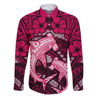 Polynesian Shark Valentine Day Family Matching Long Sleeve Bodycon Dress and Hawaiian Shirt Hibiscus and Tribal Tattoo Pink Style LT03 Dad's Shirt - Long Sleeve Pink - Polynesian Pride