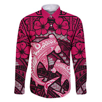 Polynesian Shark Valentine Day Family Matching Summer Maxi Dress and Hawaiian Shirt Hibiscus and Tribal Tattoo Pink Style LT03 Dad's Shirt - Long Sleeve Pink - Polynesian Pride