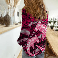 Polynesian Shark Valentine Day Women Casual Shirt Hibiscus and Tribal Tattoo Pink Style LT03 - Polynesian Pride