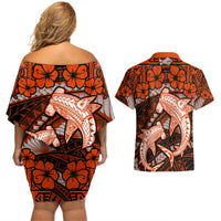 Polynesian Shark Valentine Day Couples Matching Off Shoulder Short Dress and Hawaiian Shirt Hibiscus and Tribal Tattoo Orange Style LT03 - Polynesian Pride