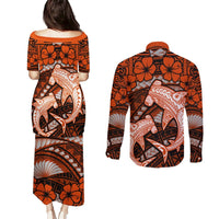 Polynesian Shark Valentine Day Couples Matching Puletasi and Long Sleeve Button Shirt Hibiscus and Tribal Tattoo Orange Style LT03 - Polynesian Pride