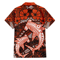 Polynesian Shark Valentine Day Family Matching Off Shoulder Long Sleeve Dress and Hawaiian Shirt Hibiscus and Tribal Tattoo Orange Style LT03 - Polynesian Pride