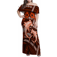 Polynesian Shark Valentine Day Family Matching Off Shoulder Maxi Dress and Hawaiian Shirt Hibiscus and Tribal Tattoo Orange Style LT03 Mom's Dress Orange - Polynesian Pride