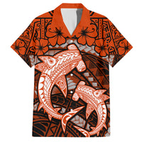 Polynesian Shark Valentine Day Family Matching Off Shoulder Short Dress and Hawaiian Shirt Hibiscus and Tribal Tattoo Orange Style LT03 Dad's Shirt - Short Sleeve Orange - Polynesian Pride