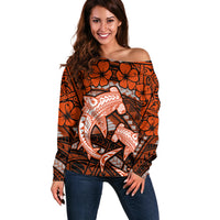 Polynesian Shark Valentine Day Off Shoulder Sweater Hibiscus and Tribal Tattoo Orange Style LT03 Women Orange - Polynesian Pride