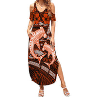 Polynesian Shark Valentine Day Summer Maxi Dress Hibiscus and Tribal Tattoo Orange Style LT03 Women Orange - Polynesian Pride