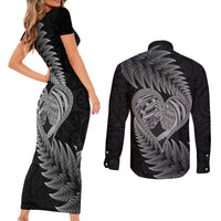New Zealand Valentine Day Couples Matching Short Sleeve Bodycon Dress and Long Sleeve Button Shirt Aotearoa Warrior and Woman Love Heart Maori Pattern LT03 - Polynesian Pride
