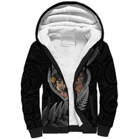 New Zealand Valentine Day Sherpa Hoodie Aotearoa Warrior and Woman Love Heart Maori Pattern LT03 Unisex Black - Polynesian Pride