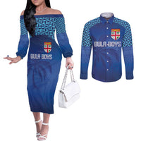 Custom Fiji Football-Towards World Cup 2026 Couples Matching Off The Shoulder Long Sleeve Dress and Long Sleeve Button Shirt
