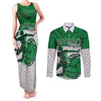 Custom Hawaii Volleyball-Kakau Motif Green Color Couples Matching Tank Maxi Dress and Long Sleeve Button Shirt LT03 Green - Polynesian Pride