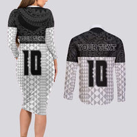 Custom Hawaii Volleyball-Kakau Motif Grayscale Color Couples Matching Long Sleeve Bodycon Dress and Long Sleeve Button Shirt LT03 - Polynesian Pride