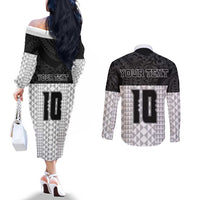 Custom Hawaii Volleyball-Kakau Motif Grayscale Color Couples Matching Off The Shoulder Long Sleeve Dress and Long Sleeve Button Shirt LT03 - Polynesian Pride