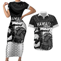 Custom Hawaii Volleyball-Kakau Motif Grayscale Color Couples Matching Short Sleeve Bodycon Dress and Hawaiian Shirt LT03 Black - Polynesian Pride