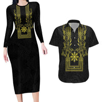 Philippines Barong Style Couples Matching Long Sleeve Bodycon Dress and Hawaiian Shirt with Polynesian Art and Leaf Motif Black-Gold Color LT03 Black - Polynesian Pride