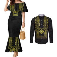 Philippines Barong Style Couples Matching Mermaid Dress and Long Sleeve Button Shirt with Polynesian Art and Leaf Motif Black-Gold Color LT03 Black - Polynesian Pride