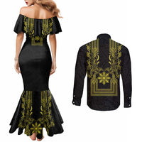 Philippines Barong Style Couples Matching Mermaid Dress and Long Sleeve Button Shirt with Polynesian Art and Leaf Motif Black-Gold Color LT03 - Polynesian Pride
