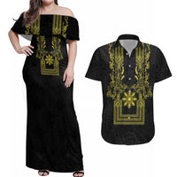 Philippines Barong Style Couples Matching Off Shoulder Maxi Dress and Hawaiian Shirt with Polynesian Art and Leaf Motif Black-Gold Color LT03 Black - Polynesian Pride