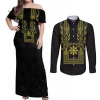 Philippines Barong Style Couples Matching Off Shoulder Maxi Dress and Long Sleeve Button Shirt with Polynesian Art and Leaf Motif Black-Gold Color