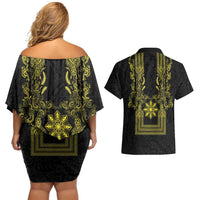 Philippines Barong Style Couples Matching Off Shoulder Short Dress and Hawaiian Shirt with Polynesian Art and Leaf Motif Black-Gold Color LT03 - Polynesian Pride