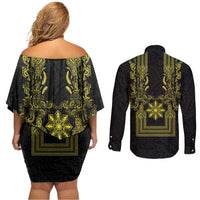 Philippines Barong Style Couples Matching Off Shoulder Short Dress and Long Sleeve Button Shirt with Polynesian Art and Leaf Motif Black-Gold Color