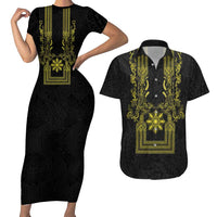 Philippines Barong Style Couples Matching Short Sleeve Bodycon Dress and Hawaiian Shirt with Polynesian Art and Leaf Motif Black-Gold Color LT03 Black - Polynesian Pride