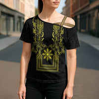 Philippines Barong Style Cross Shoulder Shirt with Polynesian Art and Leaf Motif Black-Gold Color