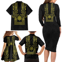 Philippines Barong Style Family Matching Long Sleeve Bodycon Dress and Hawaiian Shirt with Polynesian Art and Leaf Motif Black-Gold Color LT03 - Polynesian Pride