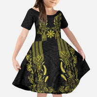 Philippines Barong Style Family Matching Off The Shoulder Long Sleeve Dress and Hawaiian Shirt with Polynesian Art and Leaf Motif Black-Gold Color LT03 Daughter's Dress Black - Polynesian Pride
