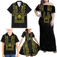 Philippines Barong Style Family Matching Off Shoulder Maxi Dress and Hawaiian Shirt with Polynesian Art and Leaf Motif Black-Gold Color LT03 - Polynesian Pride