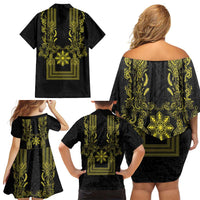 Philippines Barong Style Family Matching Off Shoulder Short Dress and Hawaiian Shirt with Polynesian Art and Leaf Motif Black-Gold Color LT03 - Polynesian Pride