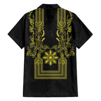 Philippines Barong Style Family Matching Off Shoulder Short Dress and Hawaiian Shirt with Polynesian Art and Leaf Motif Black-Gold Color LT03 - Polynesian Pride