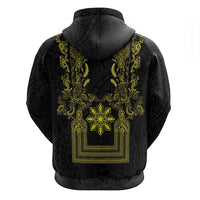 Philippines Barong Style Hoodie with Polynesian Art and Leaf Motif Black-Gold Color