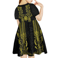 Philippines Barong Style Kid Short Sleeve Dress with Polynesian Art and Leaf Motif Black-Gold Color