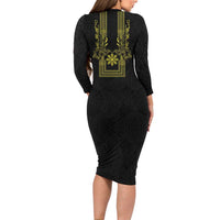 Philippines Barong Style Long Sleeve Bodycon Dress with Polynesian Art and Leaf Motif Black-Gold Color