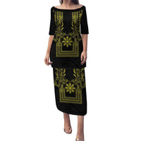 Philippines Barong Style Puletasi with Polynesian Art and Leaf Motif Black-Gold Color