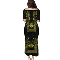 Philippines Barong Style Puletasi with Polynesian Art and Leaf Motif Black-Gold Color
