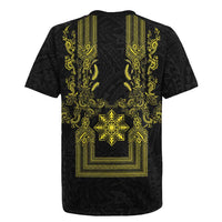 Philippines Barong Style Rugby Jersey with Polynesian Art and Leaf Motif Black-Gold Color