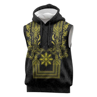 Philippines Barong Style Sleeveless Hoodie with Polynesian Art and Leaf Motif Black-Gold Color