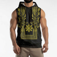 Philippines Barong Style Sleeveless Hoodie with Polynesian Art and Leaf Motif Black-Gold Color