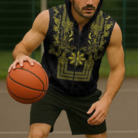 Philippines Barong Style Sleeveless Zip Hoodie with Polynesian Art and Leaf Motif Black-Gold Color
