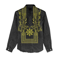 Philippines Barong Style Women Casual Shirt with Polynesian Art and Leaf Motif Black-Gold Color