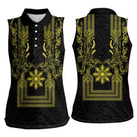 Philippines Barong Style Women Sleeveless Polo Shirt with Polynesian Art and Leaf Motif Black-Gold Color LT03 - Polynesian Pride