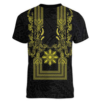 Philippines Barong Style Women V-Neck T-Shirt with Polynesian Art and Leaf Motif Black-Gold Color