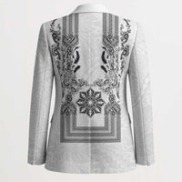 Philippines Barong Style Blazer with Polynesian Art and Leaf Motif Black-White Color