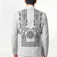 Philippines Barong Style Blazer with Polynesian Art and Leaf Motif Black-White Color